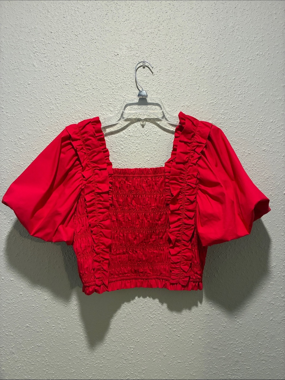 Buddy Love Red Ruffle Smocked Puff-Sleeve Crop Top